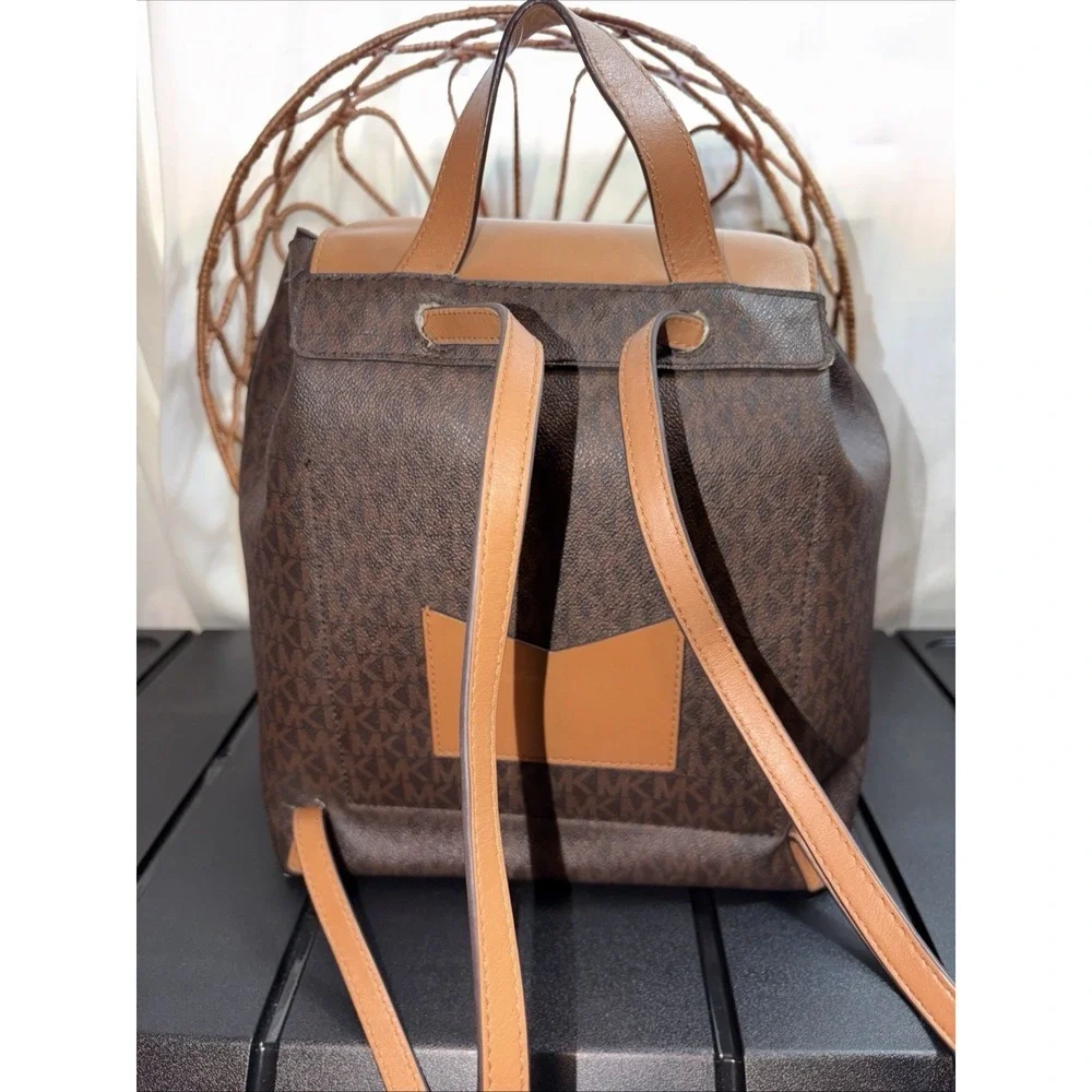 Preloved Michael Kors Junie Leather Medium Backpack Tan Brown Monogram SEE PICS‎